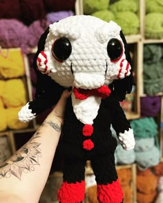 Jigsaw puppet doll is available for order in my shop! Makes the perfect movie night cuddle buddy or the perfect gift for any horror fan! #horror #horrorfilms #halloween #plushies #saw #sawmovie #creepy #cute #fyp #spooky #crochet Jigsaw Puppet, Halloween Plushies, Goth Crochet, Spooky Crochet, Perfect Movie Night, Crochet Hooded Scarf, Crocheted Stuff, Crochet Ball