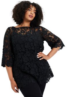 All-over lace, a boatneck design and three-quarter sleeves add just the right amount of romance. A-line silhouette. Unlined. Back-button closure30" lengthPolyMachine washImportedDon't forget the matching Bra Cami! Click here to shop! | Plus Size Women's Allover Lace Top by June+Vie in Black (Size 16 W) Georgette Tunics, Flare Top, Ladies Of London, Swimsuits For All, One Shoulder Tops, Shop Blouses, Casual Fall, Three Quarter Sleeves, Wearing Dress