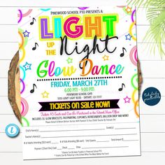 the light up the glow dance flyer is displayed on a piece of paper with colorful confetti around it