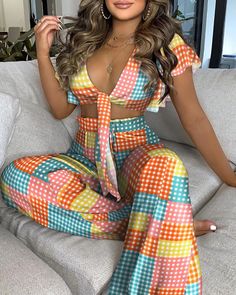 Women's Suit Set Boho Exotic Beach Fashion Elegant Sexy Ruffle Trim Knotted Crop Top & High Waist Wide Leg Pants Set Multicolor Two-piece Beach Bottoms, Summer Beach Two-piece Pants, Multicolor Two-piece Summer Pants, Summer Beach Two-piece Pants Set, Multicolor Two-piece Bottoms For Summer, Multicolor Two-piece Summer Bottoms, Multicolor Summer Bottoms For Party, Multicolor Summer Party Bottoms, Summer Party Multicolor Bottoms