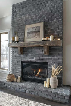 40 Elegant Gray Brick Fireplace Designs for a Modern Makeover Updating Brick Fireplace Ideas, Paint Old Fireplace Brick, Dark Wash Fireplace Brick, Dark Wash Fireplace, Brick Tile For Fireplace, Adding A Mantle To A Brick Fireplace, How To Modernize A Brick Fireplace, Tiling A Brick Fireplace, Stained Brick Fireplace Before And After