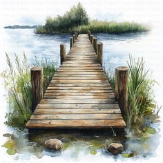 a watercolor painting of a wooden dock