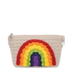 a crocheted purse with a rainbow on it