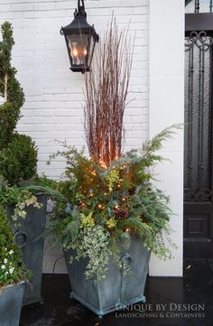 two large planters with plants in front of a house