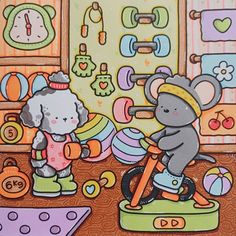 there is a drawing of two mice playing with toys in the room and one has a mouse on it