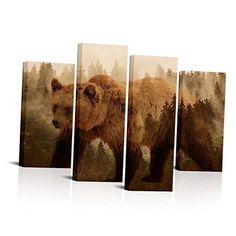 a brown bear walking through a forest on a white background canvas print wall art set