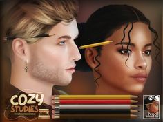 a man and woman with different colored pencils in front of each other's face