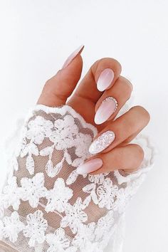 30 Fairy-Like Wedding Nails For Your Big Day Nails Wedding Bride Natural Looks, Bridal Nails French Ombre, Wedding Lace Nails For Bride, Wedding Nails With Lace, Ombre Bride Nails, Lace Nails Wedding, Bridal Nails Lace Design, Wedding Nails For Bride Lace, French Manicure Bridal Nails