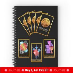 four gold foiled playing cards with the text, buy 2 get 15 % off journals