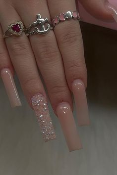 Nude Nails For Prom, Pretty Pink Nails Acrylic Long, Long Nude Nails With Design, Long Charm Nails, Nail Ideas Square Long, Long Natural Acrylic Nails, Nude Acrylics, Square Long Nails Acrylics, Nude Nails With Charms