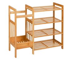 a wooden shelving unit with three shelves