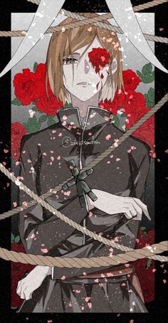 an anime character with long blonde hair and red roses on her head, standing in front of barbed wire