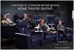 a group of people sitting in blue recliners with the caption four actors to consider before buying home theatre seating