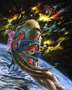 an image of a space ship floating in the air with its mouth open and eyes wide open