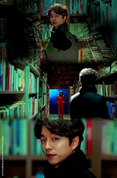 a man standing in front of a bookshelf filled with shelves full of books