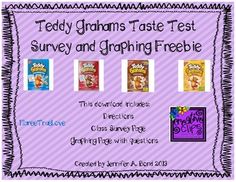 a purple banner with five different cereals and the words, teddy graham's taste test survey and graphing freebie