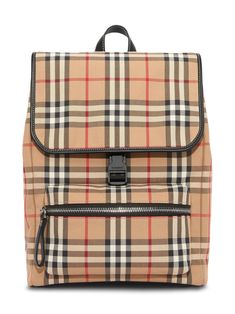 archive beige cotton check pattern front zip-fastening compartment top zip fastening main compartment single rounded top handle two adjustable shoulder straps Burberry Baby Boy, Burberry Backpack, Kids Coats Girls, Burberry Baby, Flap Backpack, Kids' Bag, Burberry Kids, Boys Accessories, Canvas Backpack