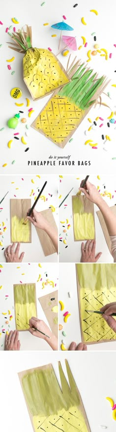 the steps to make pineapple paper bags with scissors and confetti sprinkles