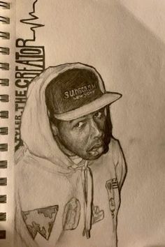 a pencil drawing of a man wearing a hat and hoodie with the word's logo on it