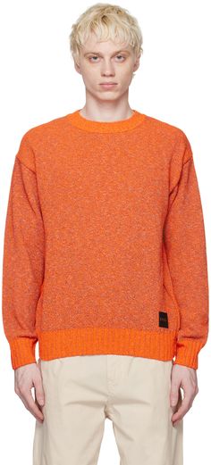 Knit polyester- and cotton-blend sweater. · Rib knit crewneck, hem, and cuffs · Rubberized logo patch at hem Supplier color: Bright orange Bright Orange Outfit, Orange Long Sleeve Sweater For Streetwear, Orange Crew Neck Sweater With Ribbed Cuffs, Orange Crew Neck Sweatshirt For Streetwear, Orange Crewneck, Orange Textured Knit Crew Neck Sweater, Orange Sweatshirt, Hugo Boss Orange, Boss Outfit