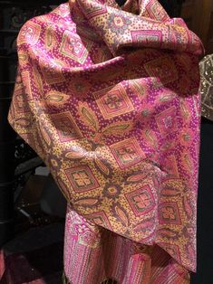 Bright magenta pink and metallic gold brocade weave. Vintage styled wrap 28 X 70 Nice brocade paisley Very soft silk blend Styled from ancient Jamawar Indian motifs These are replicated from vintage shawl collections by my own company We may have larger quantities available for weddings, bridesmaids, or wholesale orders. Please inquire. All shipped free in the US Please check out our THOUSANDS of great reviews Silk Scarves With Traditional Patterns And Drape, Silk Scarves With Traditional Patterns, Pink Brocade Dupatta In Traditional Drape, Gold Pashmina Shawl With Traditional Patterns, Traditional Festive Paisley Print Scarves, Traditional Paisley Print Scarves For Festive Season, Pink Shawl With Pallu In Traditional Drape, Festive Silk Dupatta With Paisley Print, Gold Jamawar Shawl With Traditional Patterns