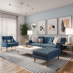 a living room with blue couches and pictures on the wall