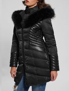 Woven puffer coat Faux-fur panels Quilted design Standing collar with faux-fur trimmed hood Long sleeves Front zip pockets Dual zip-front closure Self: 100% Polyurethane. Faux-Fur: 100% Polyester. Puffer Guess, Winter Puffer Jackets, Winter Puffer, Standing Collar, Faux Fur Coat, Puffer Coat, Fur Trim, Black Coat, Quilting Designs