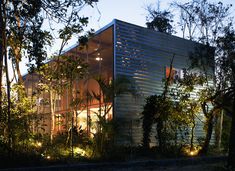 the house is surrounded by trees and plants at night, with lights shining on it