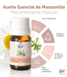 a bottle of essential oil next to a white flower with the words aceite essenial de manzanilla recontrante natural