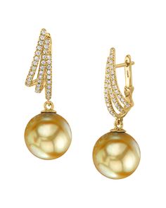 These exquisite earrings feature 11mm high-quality Golden South Sea pearls, handpicked for their incredible luster and overtones. The pearls are mounted on the finest 18K gold with .35 carats of dazzling SI clarity diamonds. These earrings come packaged in a beautiful jewelry gift box, perfect for gifting. Luxury Yellow Gold Pearl Earrings With Elegant Design, Luxury Yellow Gold Elegant Pearl Earrings, Formal Gold Diamond Earrings With Pearls, Yellow Gold Diamond Pearl Earrings With Elegant Design, Elegant Yellow Gold Pearl Earrings With Diamonds, Elegant Yellow Gold Diamond Pearl Earrings, Gold Pearl Earrings With Diamond Accents For Formal Occasions, Formal Gold Pearl Earrings With Diamond Accents, Formal Gold Pearl Diamond Earrings