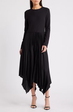 Fall for the sleek contrast on this day-to-night maxi designed with a knit bodice and an asymmetric pleated skirt. 53 1/2" length Slips on over head Jewel neck Long sleeves Unlined 60% polyester, 24% modal, 7% spandex with 100% polyester contrast Hand wash, line dry Imported Maxi Design, Pleated Maxi Dress, Pleated Maxi, Maternity Shops, Jewel Neck, Designer Clothes For Men, Autumn Fashion Women, Fashion Essentials, Nordstrom Dresses