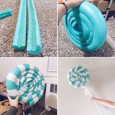 four pictures showing how to make an inflatable candy lollipop pinwheel