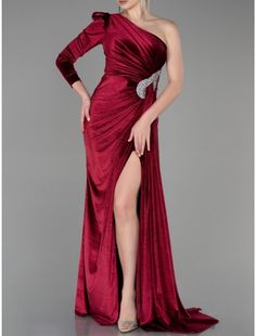 A-Line Evening Gown Christmas Elegant Dress Formal Sweep / Brush Train Long Sleeve One Shoulder Velvet with Glitter Pleats Ruched 2024 Red Satin Christmas Dress, Christmas Party Satin Dress, Elegant Satin Christmas Dress, Elegant Christmas Gown For Formal Occasions, Elegant Christmas Formal Gown, Elegant Christmas Satin Dress, Festive Full Length Prom Dresses, Elegant Christmas Gown Fitted Style, Festive Full-length Prom Dresses