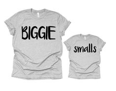 two shirts with the words biggie and smalls printed on them, both in black