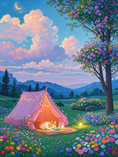 a painting of a tent in the middle of a field with flowers and trees around it