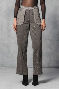 Black straight fit pant with studs embellishments and utility pockets at front and back with dart detail - Aza Fashions Chic Embellished Straight Leg Pants, Fall Embellished Straight Leg Bottoms, Fitted Embellished Pants For Workwear, Embellished Straight Pants For Work, Black Studs, Pant Women, Pant For Women, Straight Fit Pants, Utility Pockets