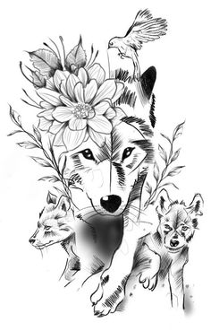 an ink drawing of a wolf with flowers on its head and two small dogs in front