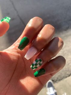 Nail Ideas Coffin Green, Green Western Nails, Square Green Nails, Fun Acrylics, Emma Chamberlain Nails, Design Acrylics, Spring Acrylic Nails, Subtle Nails, Nails Aesthetic