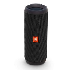 the jbl flip 3 portable bluetooth speaker is black and has an orange label on it