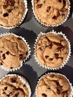 six chocolate chip muffins sitting in a cupcake tin