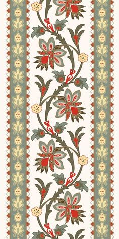 an intricately designed wallpaper with red flowers and green leaves on white, beige and blue stripes