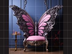 a pink butterfly chair sitting on top of a wooden floor next to a blue wall