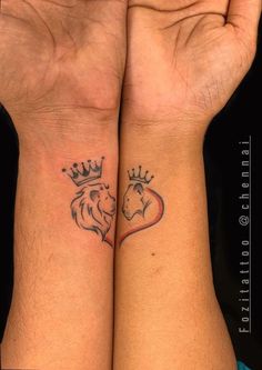 two people with matching tattoos on their arms, one has a lion and the other has a heart