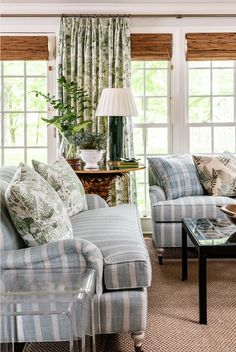 a living room with two couches and a coffee table in front of the window