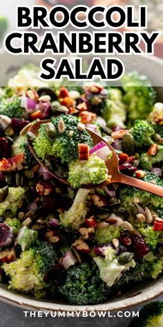 broccoli cranberry salad in a bowl with a spoon