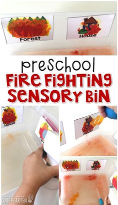 Kids won't be able to resist this fun firefighting sensory bin.  Pretend to spray and put out fires to reveal buildings and places in the community. Great for tot school, preschool, or even kindergarten! Fire Sensory Bin Preschool, Firetruck Sensory Bin, Childminder Activities, Starfish Activities, Preschool Fire Safety