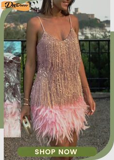 Pink Fashion Sexy Patchwork Sequins Feathers V Neck Sling Dress Sling Dress, White Fashion, Pink Fashion, Women's Fashion Dresses, Feathers, Fashion Dresses, Shop Now, V Neck