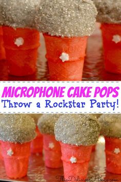 red cupcakes with white stars on them and the words microwave cake pops throw a rockstar party