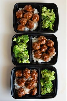 three plastic containers filled with meat and broccoli on top of white countertop