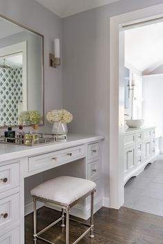 a white vanity with stool and mirror in a room that is well lit by the light